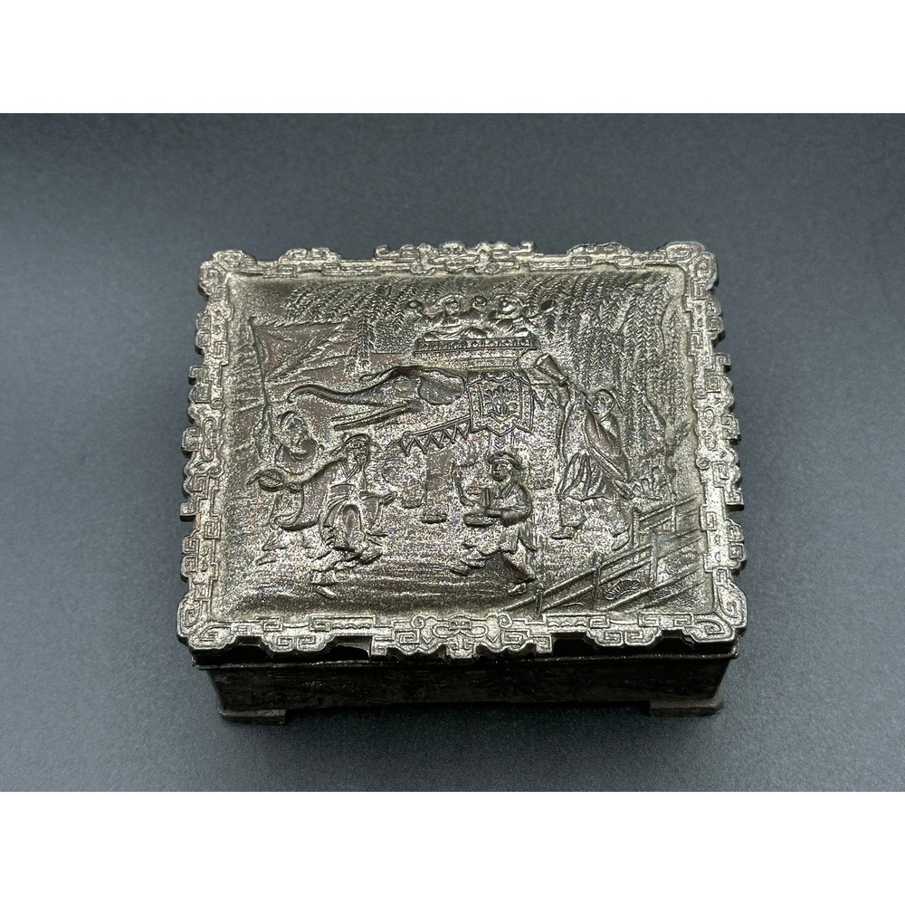 Vintage Japanese Pewter Trinket Box Repousse Elephant Village Scene Footed 4"